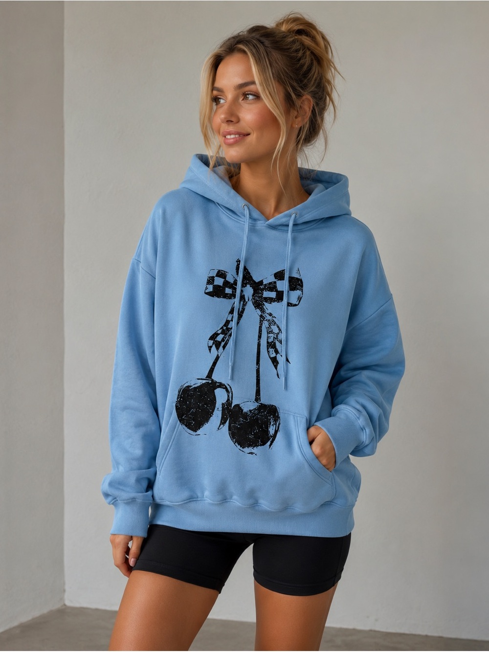 Blue Graphic Cherry Hoodie - Women’s Casual Pullover